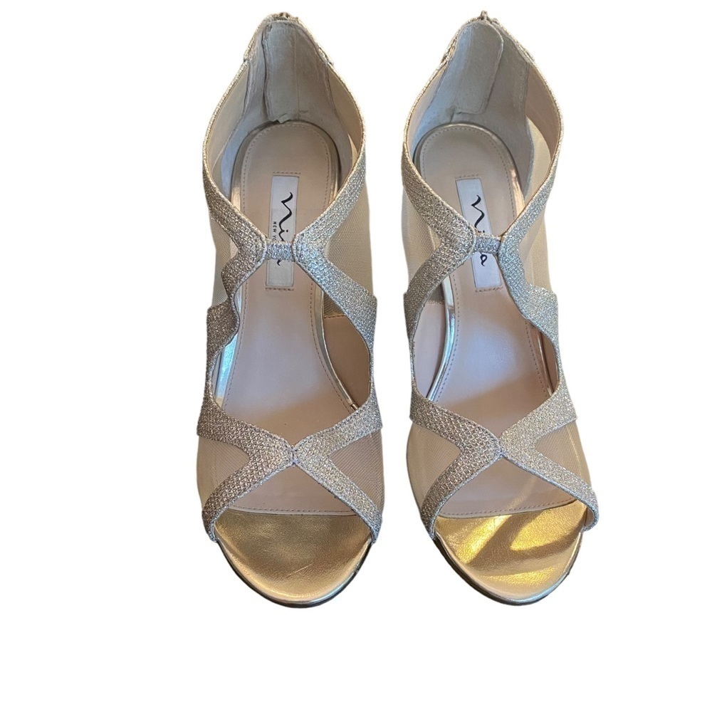 Nina Cordela Leather Mesh Cream Champaign Dress Heeled‎ Sandal Shoe Sz 9